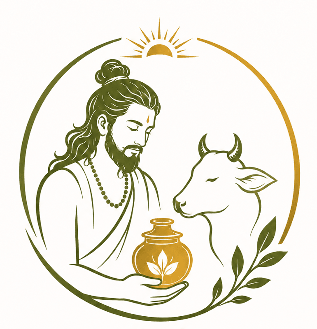 Emblem showing Gau Mata beside the Dhanvantari sage